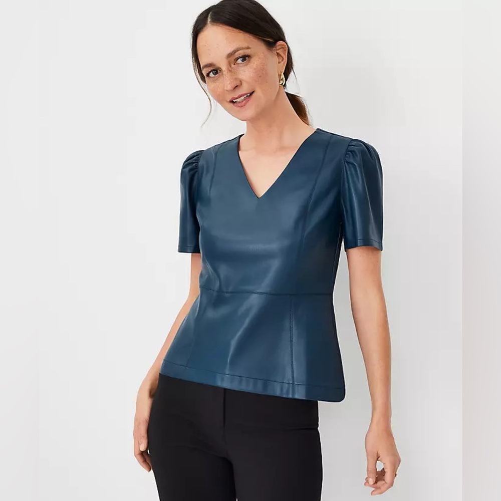 Faux Leather Puff Sleeve Peplum Top in Spruce Green